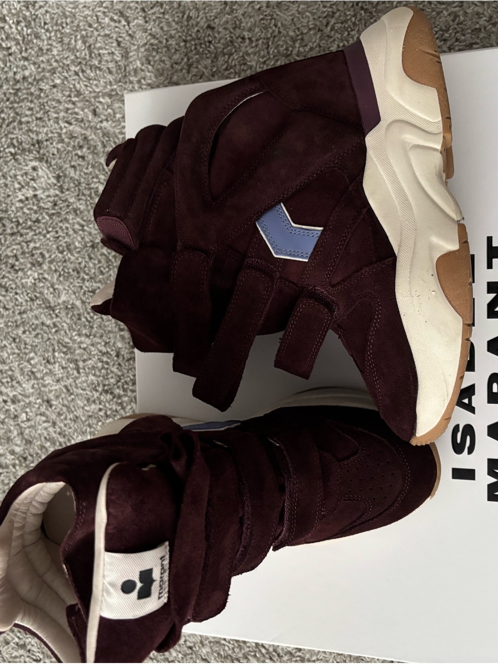 Isabel Marant Burgundy Suede High-Top Wedge Sneakers with Light Blue Accent